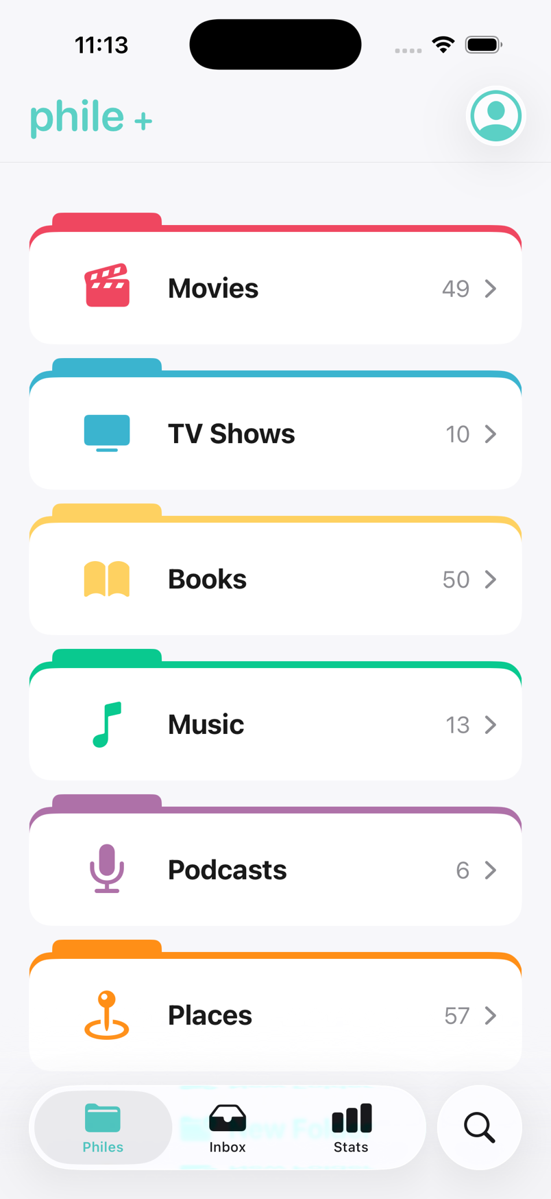 The Phile home screen: folders for Movies, TV Shows, Books, Music, Podcasts, and Places
