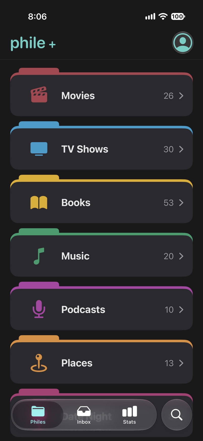 The Phile home screen: folders for Movies, TV Shows, Books, Music, Podcasts, and Places
