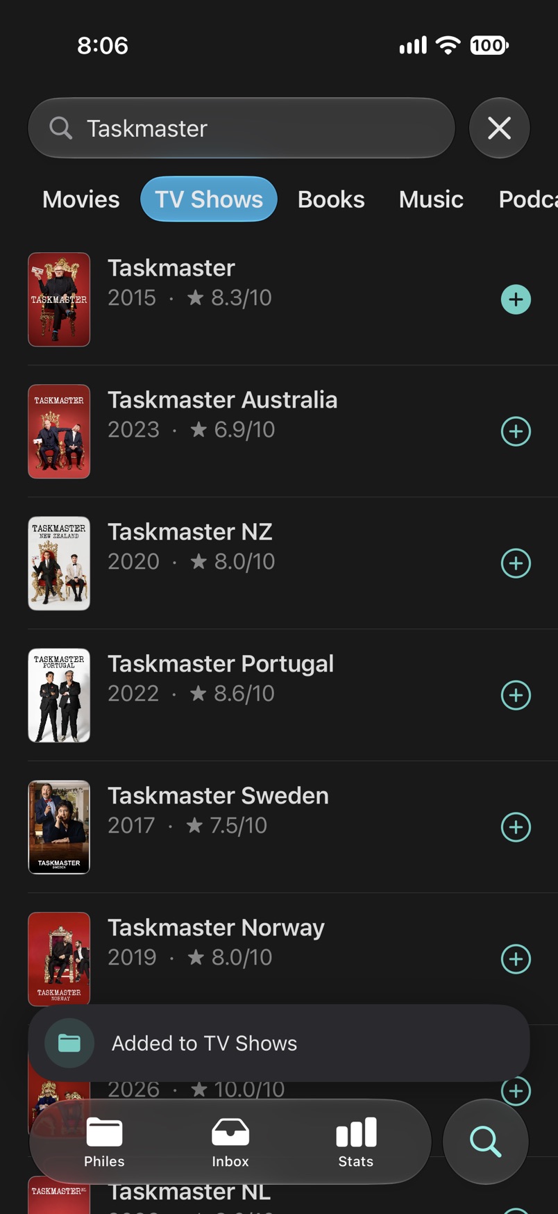 Searching TV shows for Taskmaster, with a note that one was added to TV Shows