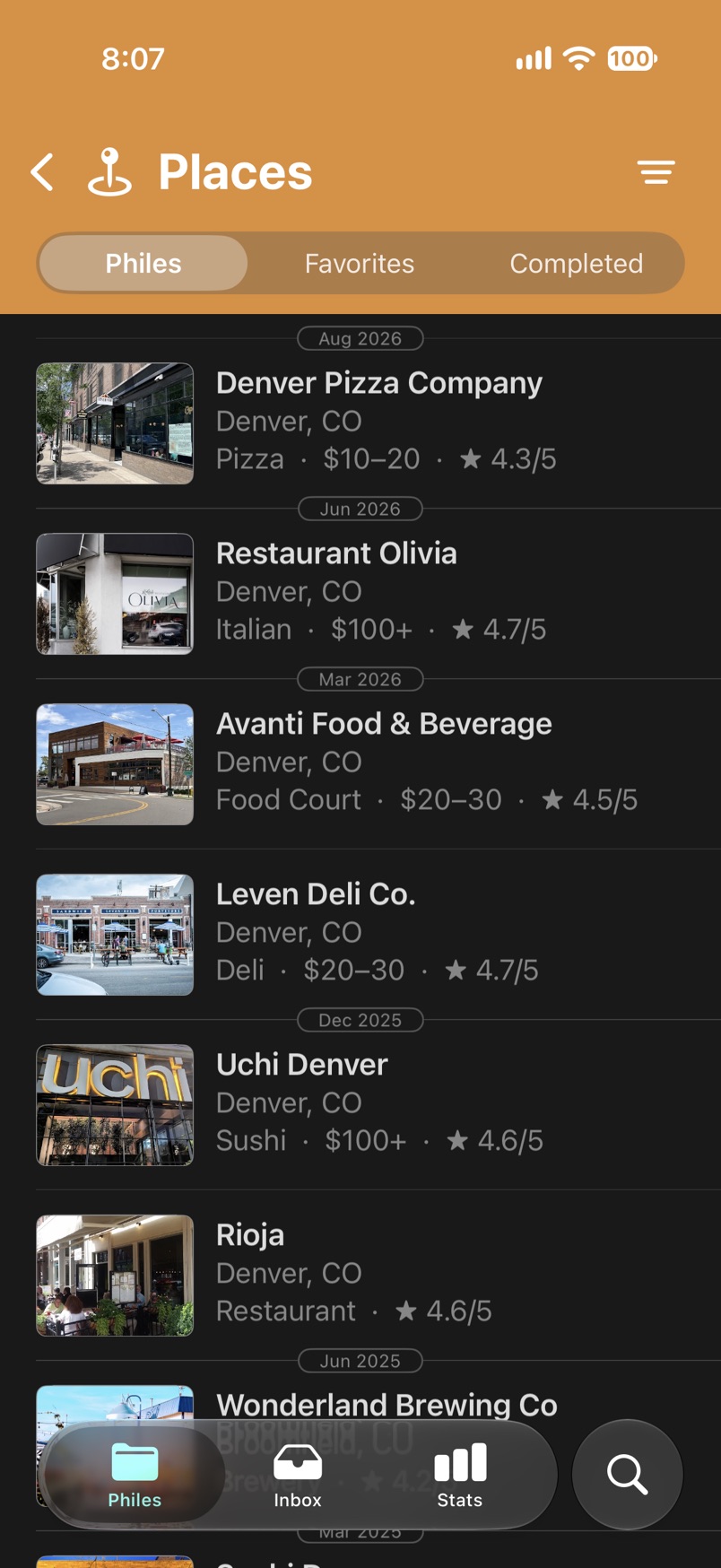 The Places folder: Denver restaurants with their cuisine, price, and rating
