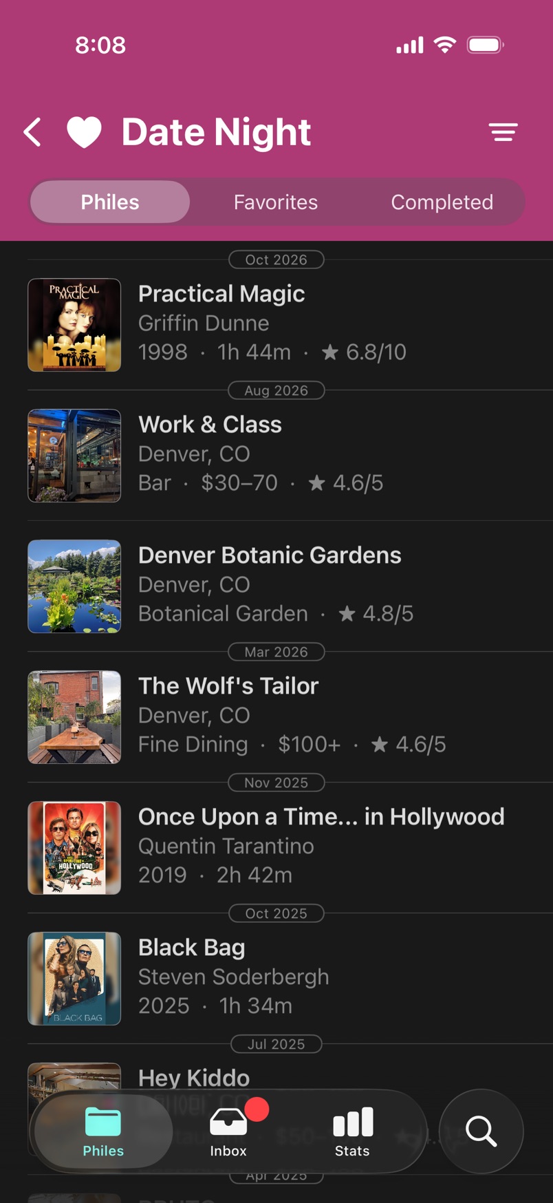 A folder of your own, Date Night, mixing restaurants, movies, and a garden